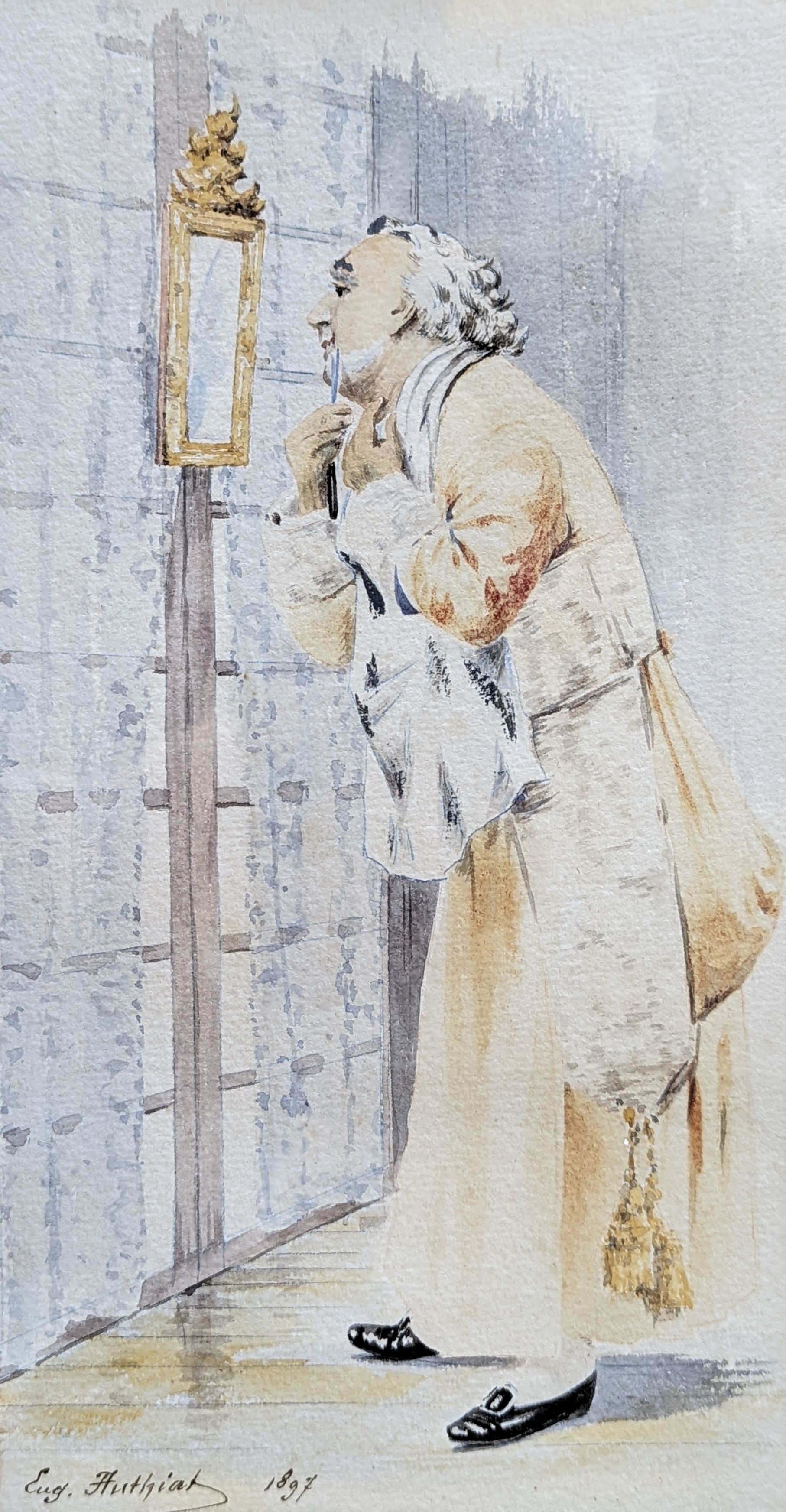 19th century French School, watercolour, Gentleman shaving, signed Eugene Flu... and dated 1897, 29 x 16cm